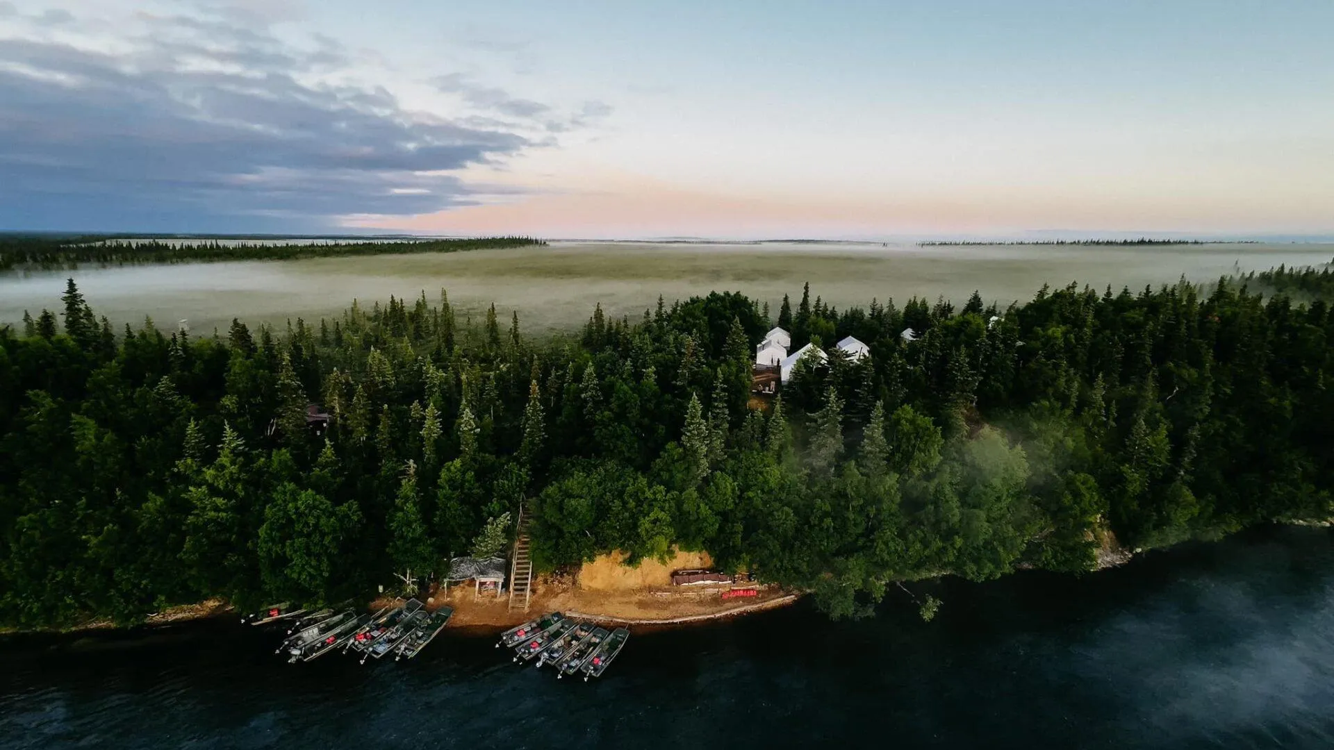 Aerial view of remote wilderness camp on the Mulchatna River