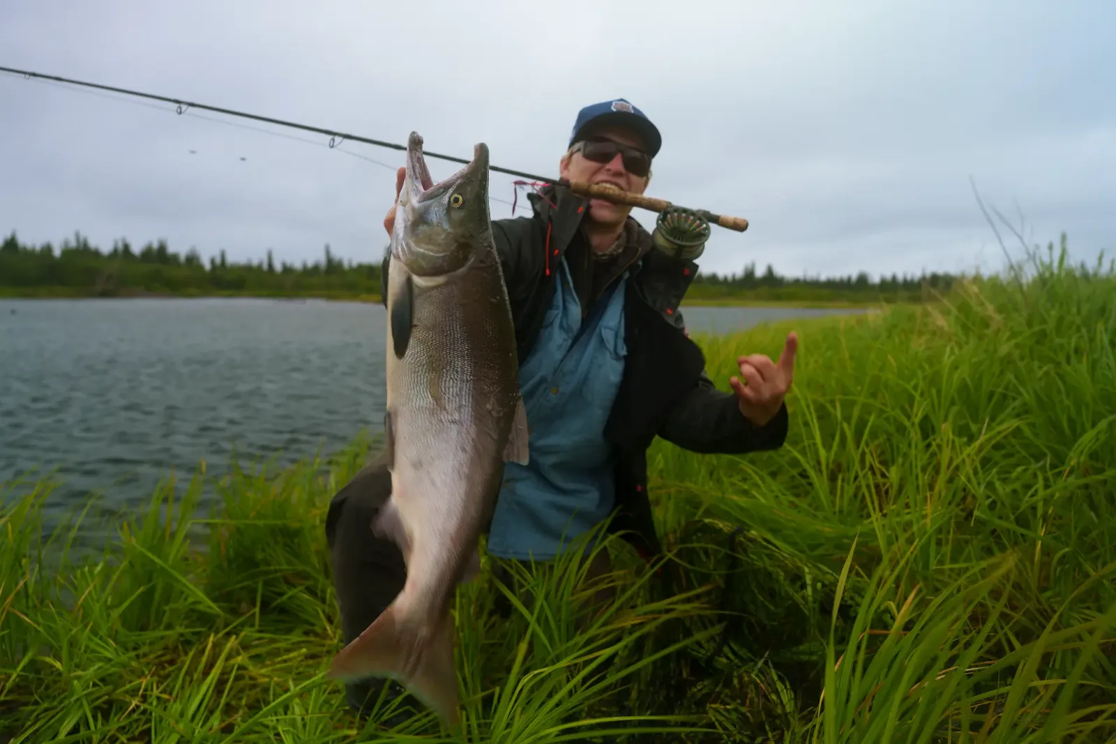 Guide holding a sockeye salmon by the river bank with his fly rod