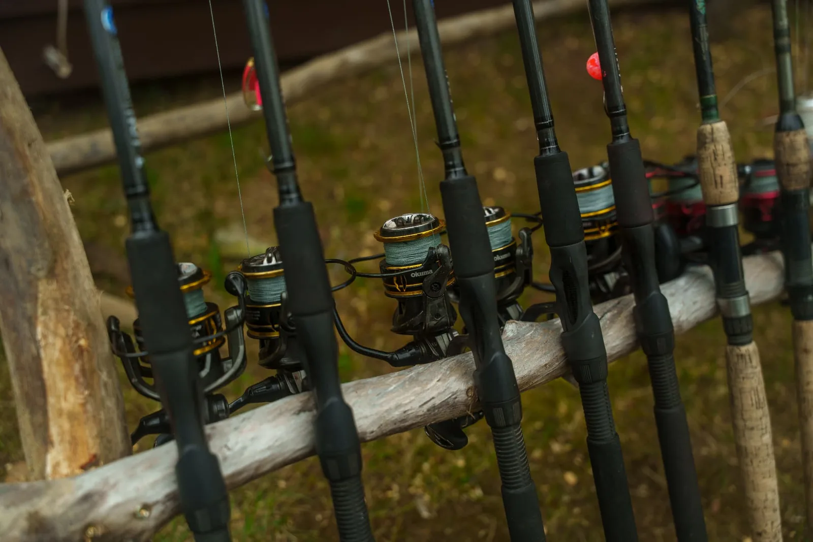 Fly rods and spinning rods ready for fishing at camp