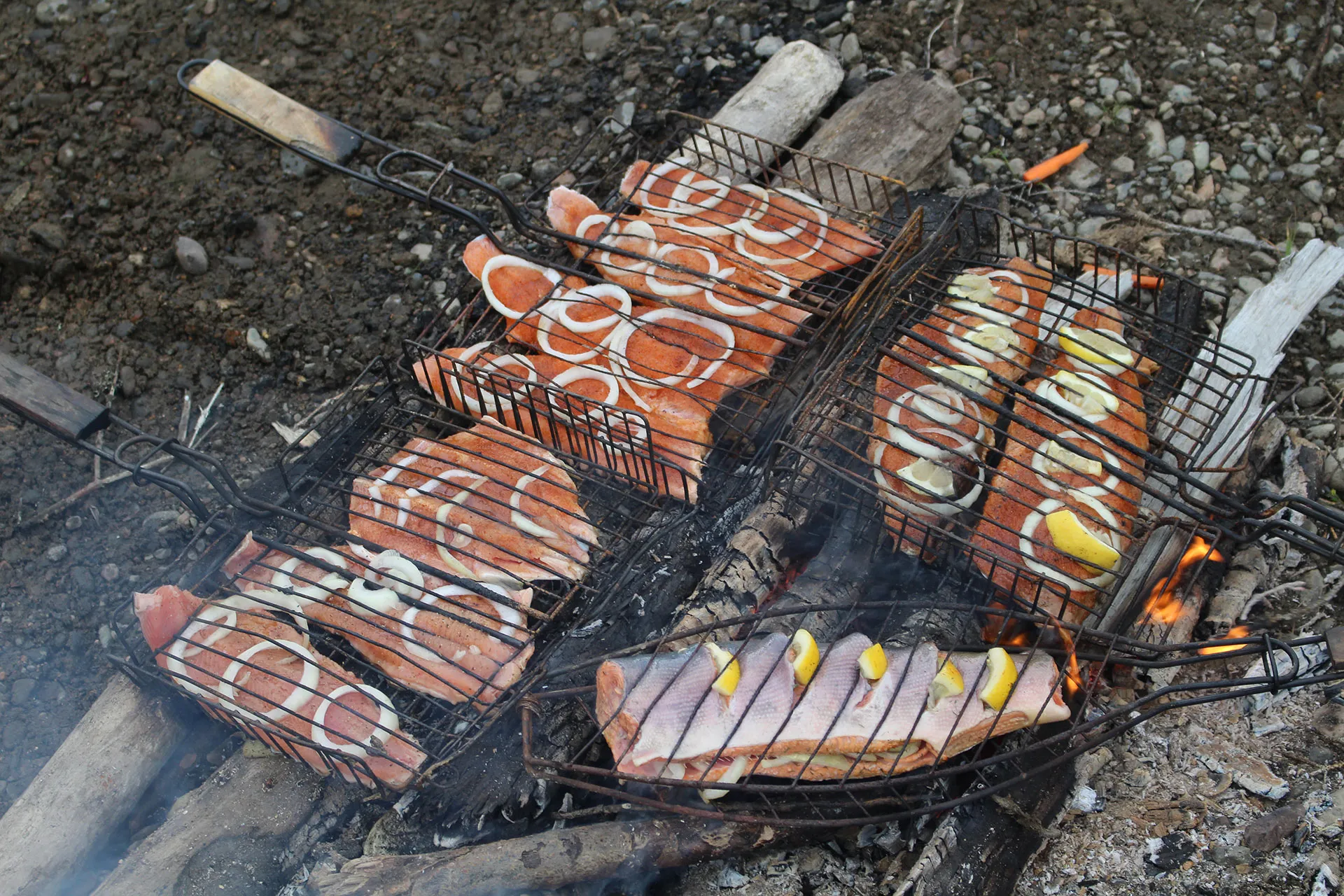 Fresh salmon fillets grilling over an open fire on the riverbank